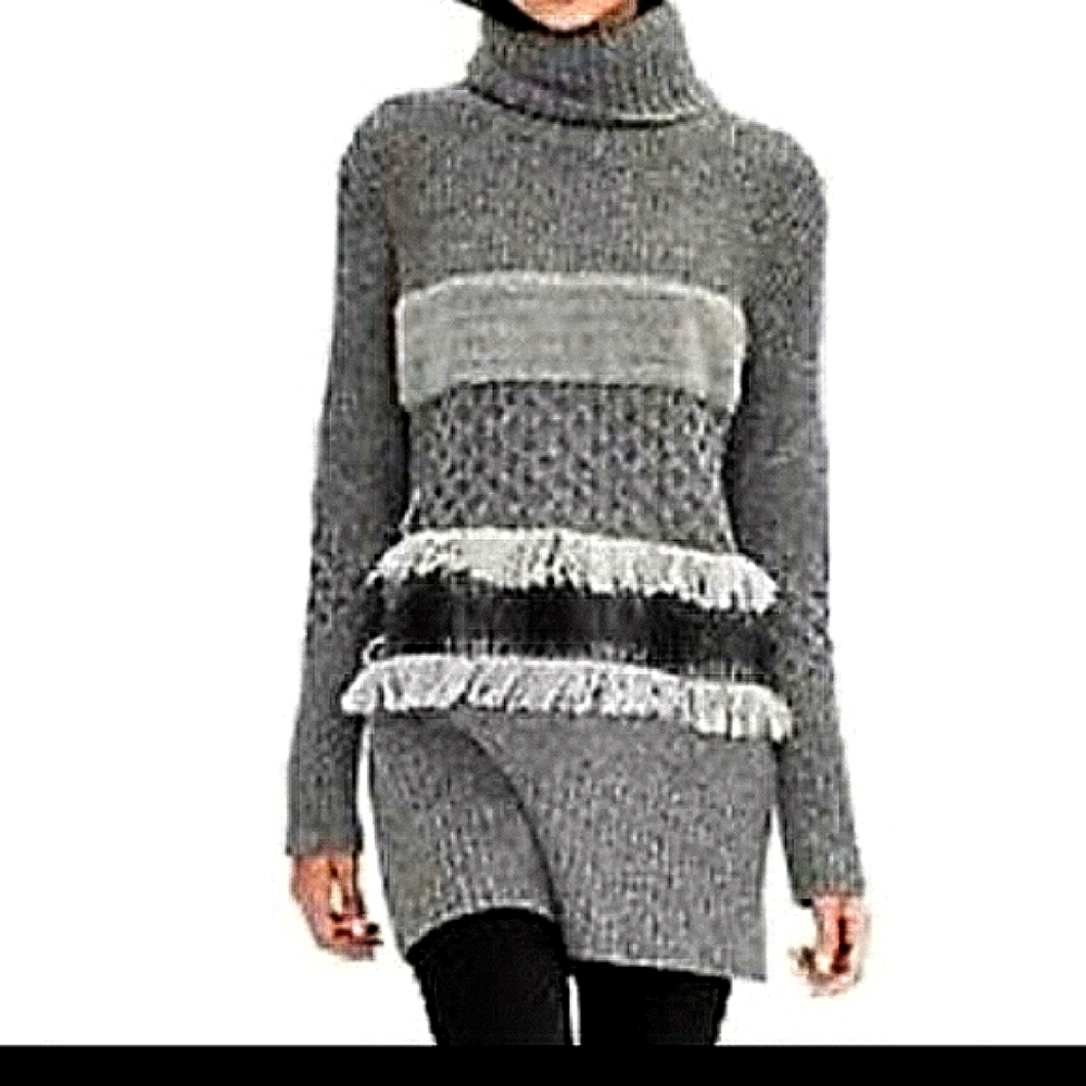 Banana Republic Sweater Turtleneck Tunic  Mixed Media Fringe Sherpa Cable Knit M